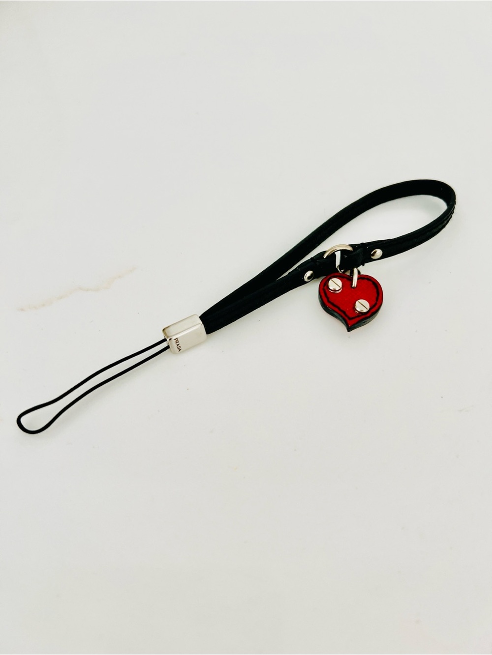 Prada Black Leather Wrist Strap Lanyard with Red Heart Charm